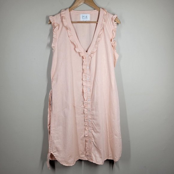 Peg & Kris P & K Peach Ruffle Shift Dress 14 Sleeveless Cotton Button Front - Picture 2 of 8